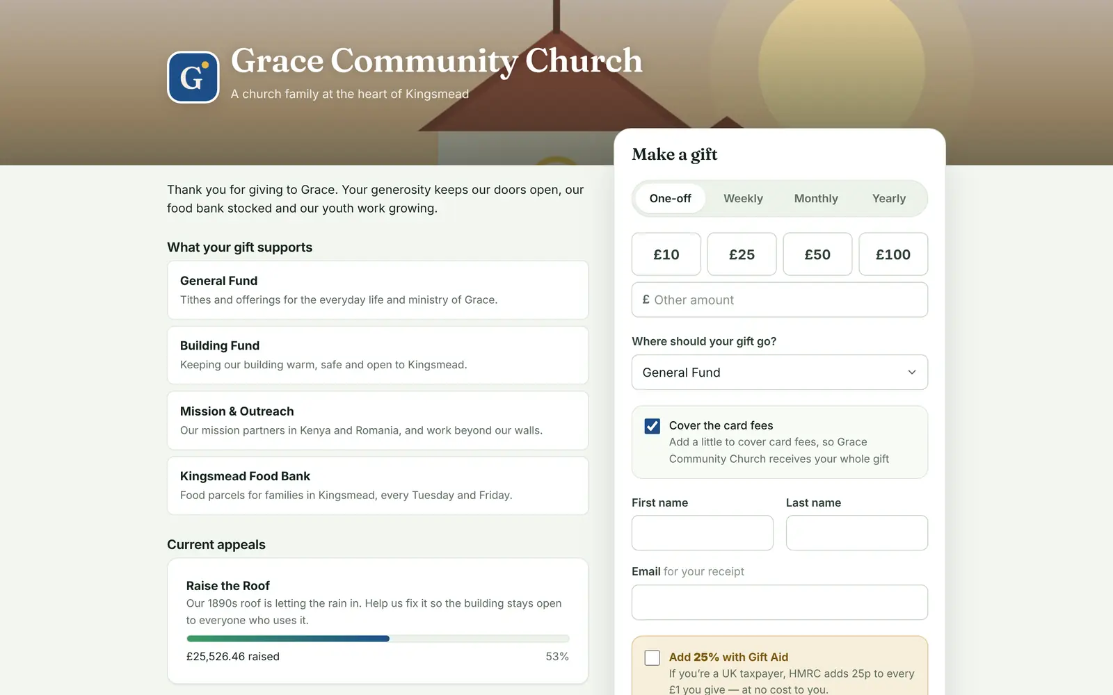The giving page on a laptop