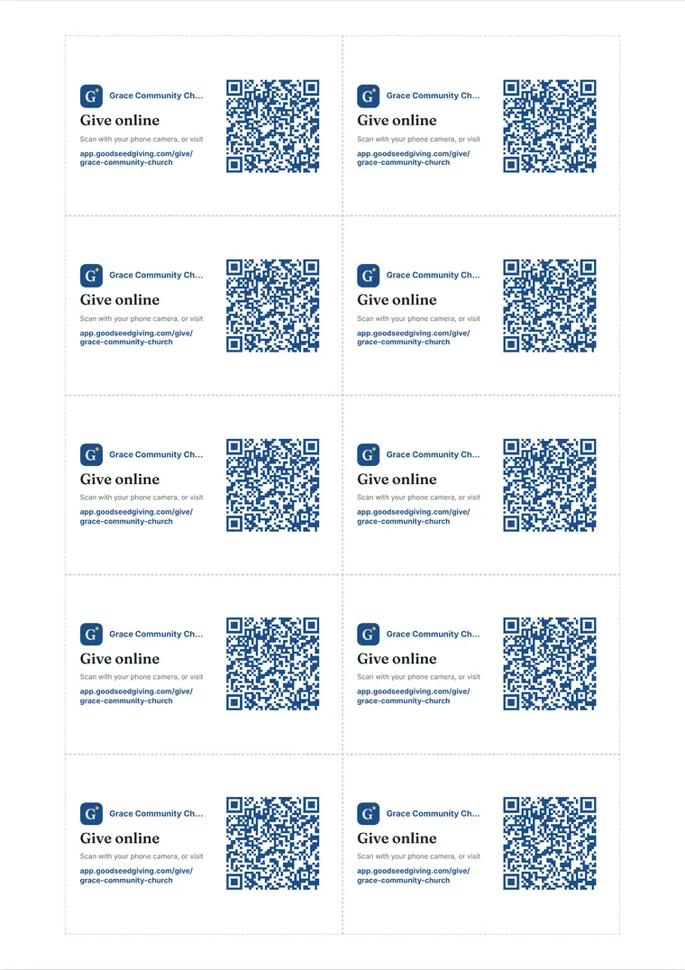 A sheet of ten business-card-sized giving cards with QR codes