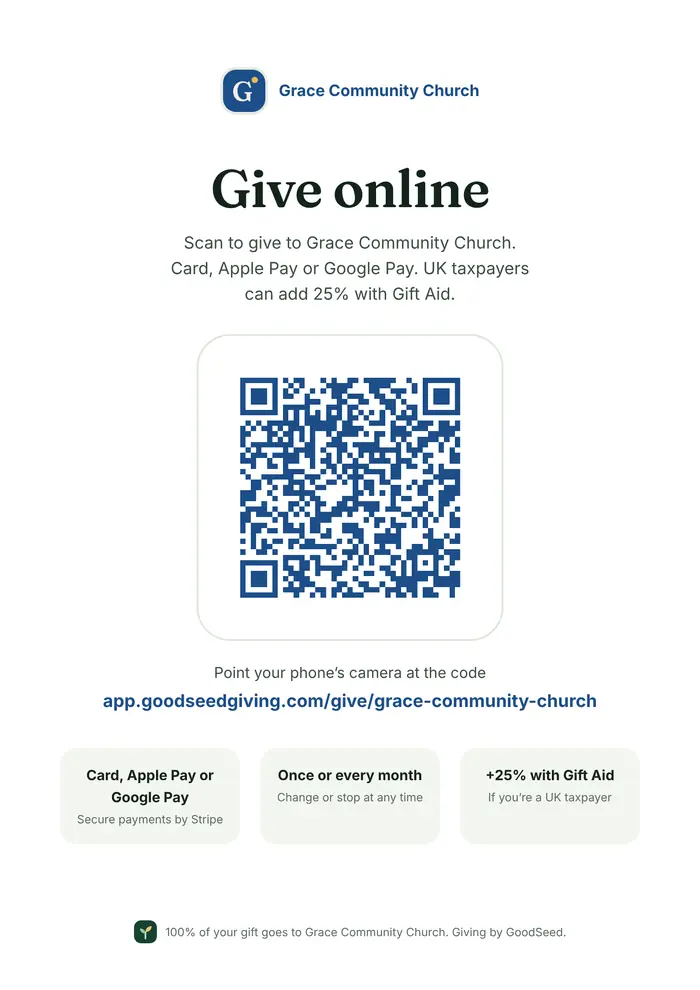An A4 poster with a large QR code and ways to give