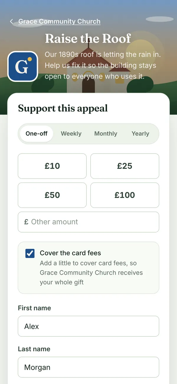 The Raise the Roof appeal page with its story and giving form