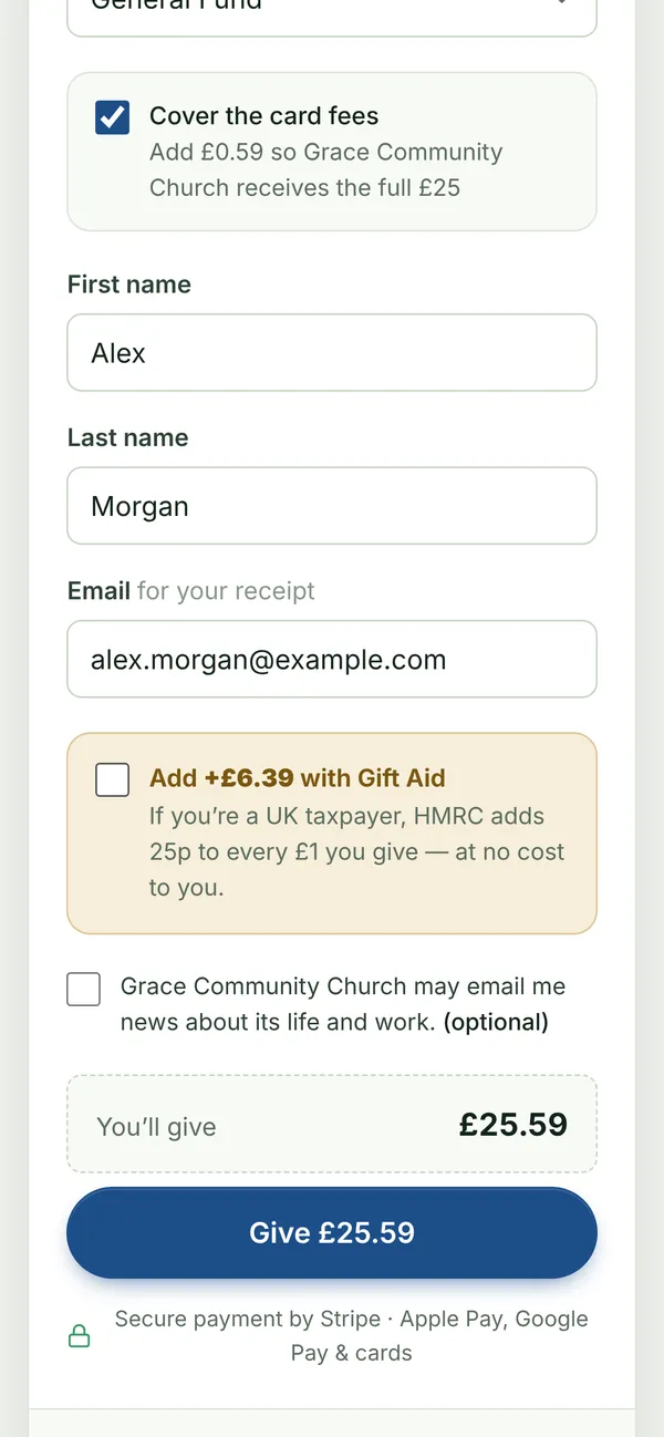 The rest of the form: Gift Aid, the giver’s details and a Give £25.59 button with the card fee covered